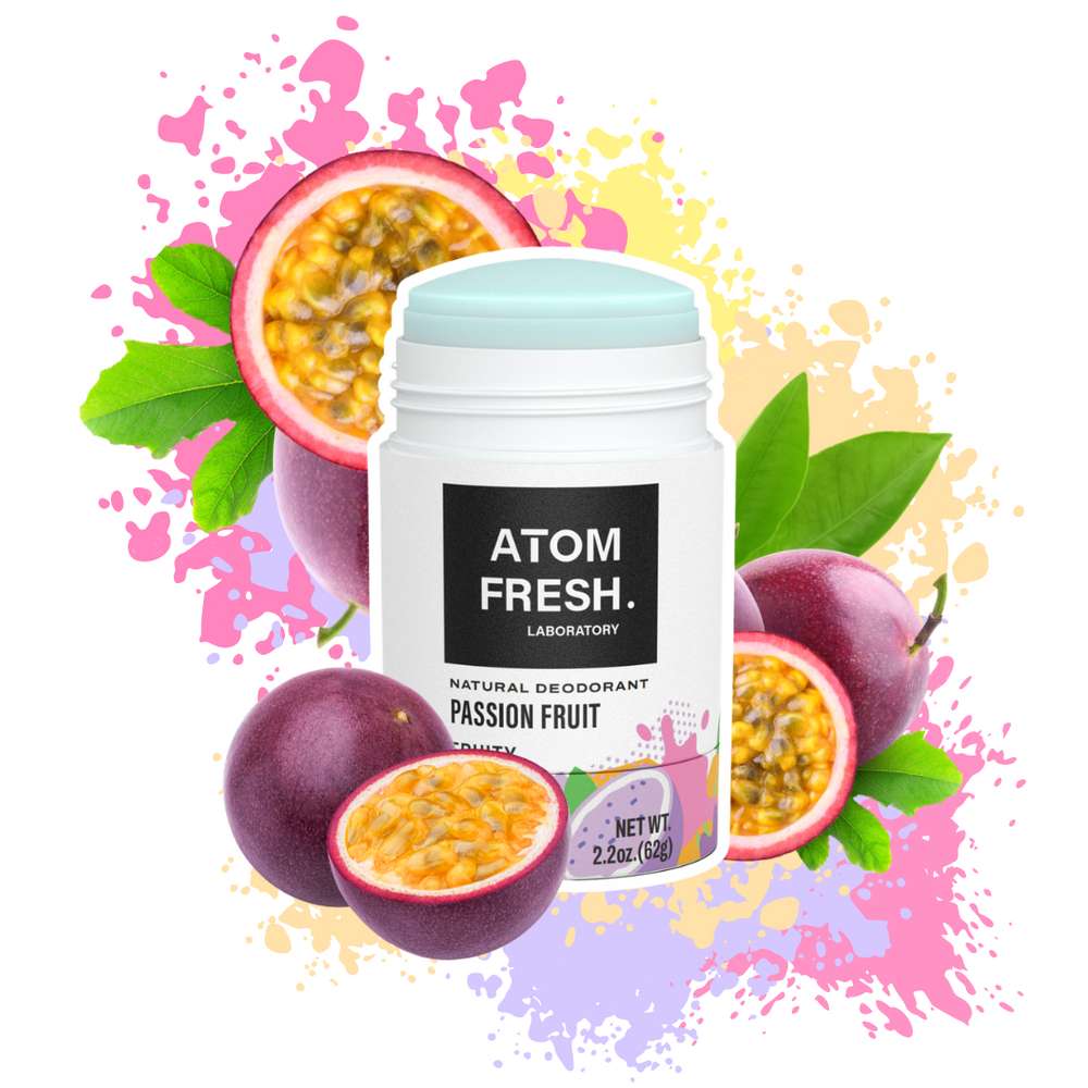 Atom Fresh Passion Fruit Natural Deodorant with fresh passion fruits and colorful background, ideal for sensitive skin, aluminum and paraben free