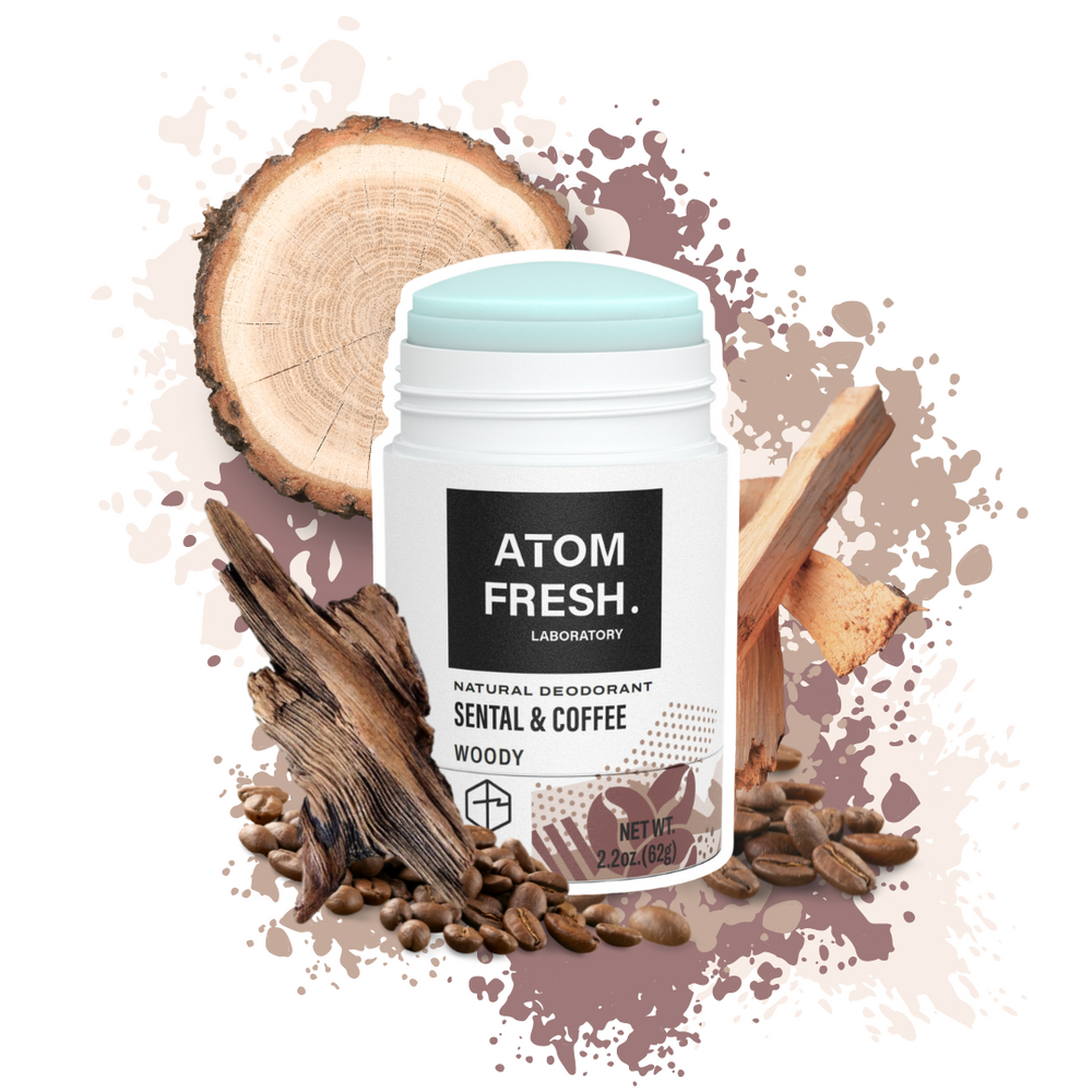 Atom Fresh Laboratory Santal Coffee Deodorant with natural woody elements and coffee beans, promoting sustainable and aluminum-free personal care